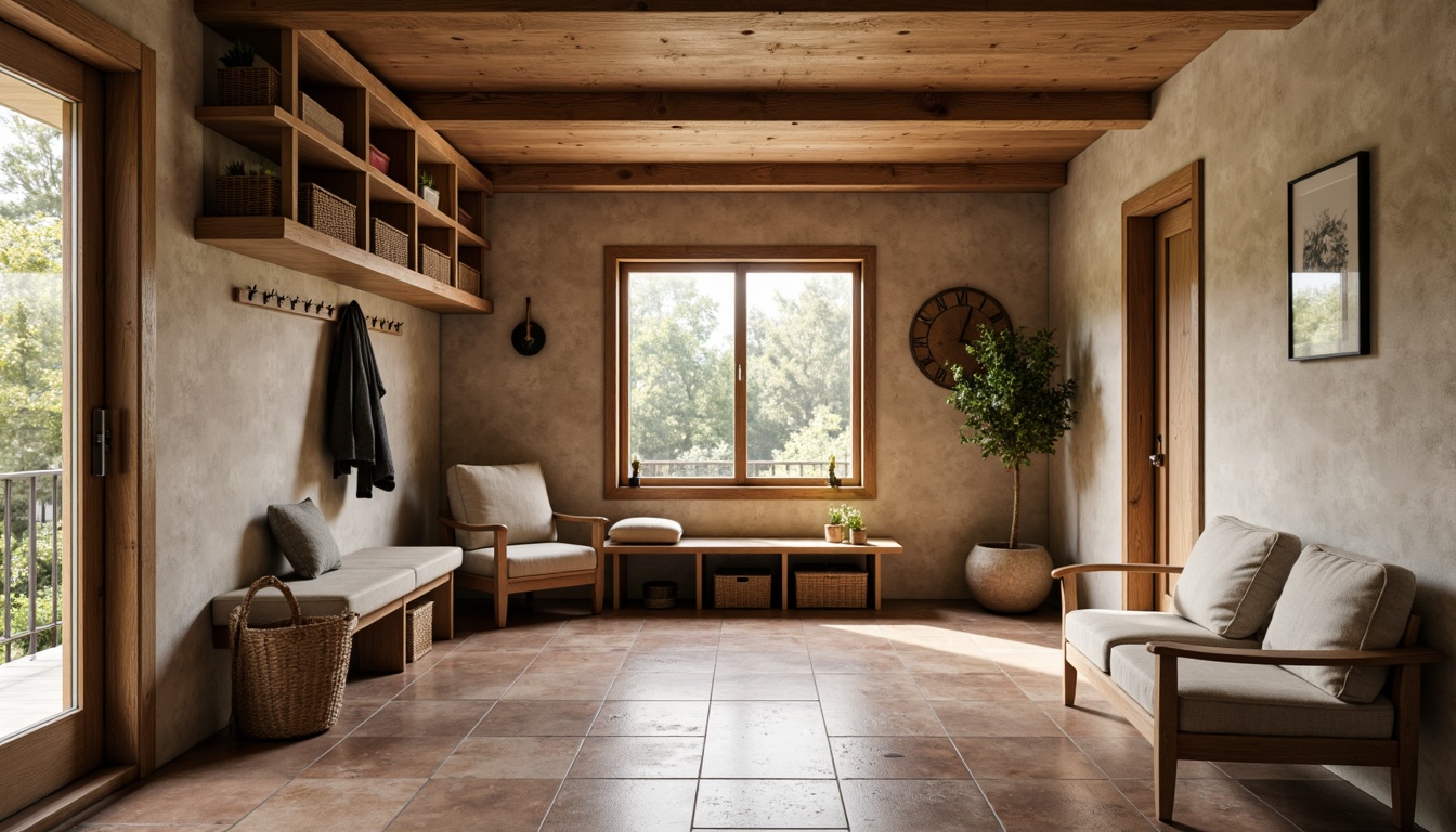 Prompt: Cozy mudroom, warm beige tones, rich wood accents, earthy brown floors, natural stone walls, comfortable seating areas, rustic metal hooks, woven baskets, soft warm lighting, inviting textiles, calming atmosphere, functional storage solutions, practical shelving units, durable waterproof flooring, easy-to-clean surfaces, serene color scheme, harmonious contrast, 3/4 composition, realistic textures, ambient occlusion.