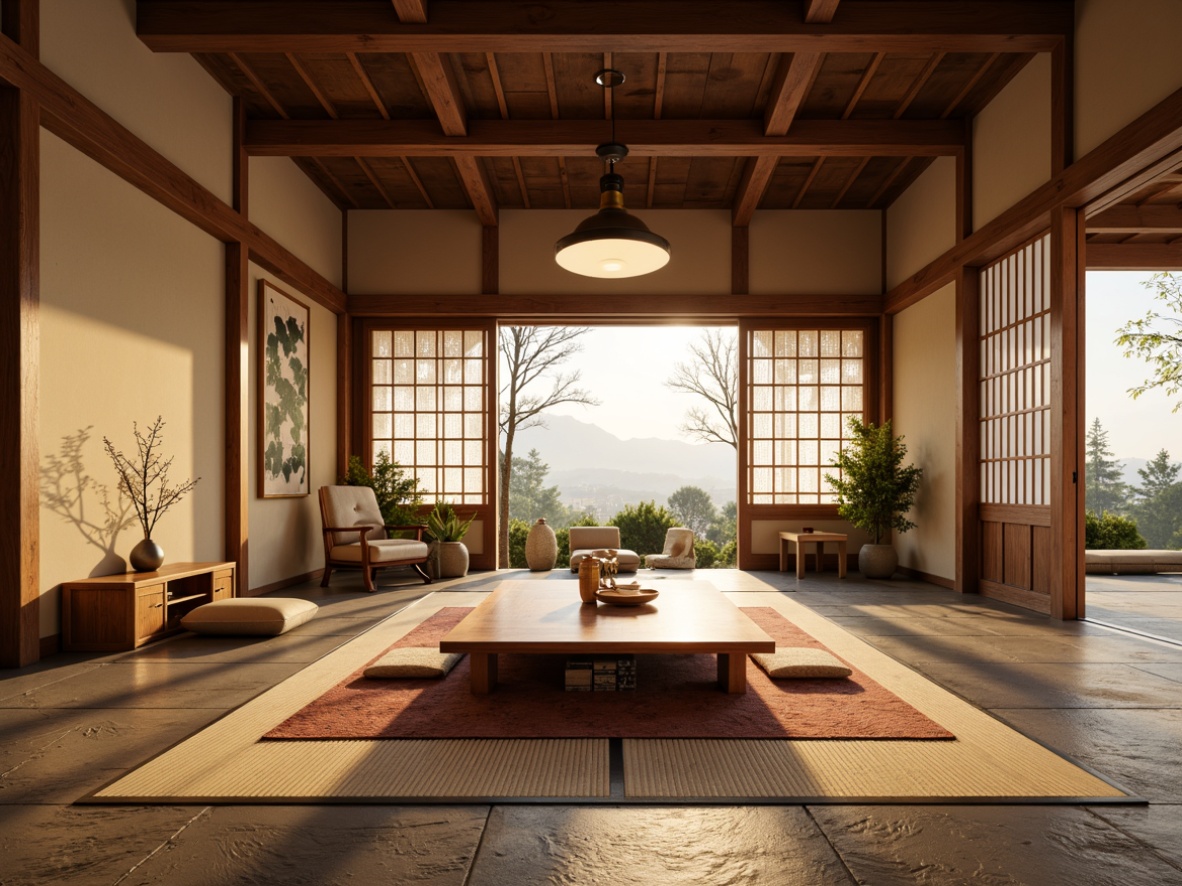 Prompt: Traditional Japanese shoji screens, natural wood accents, sliding rice paper doors, intricately carved wooden panels, warm beige walls, textured stone flooring, plush area rugs, delicate cherry blossom patterns, soft golden lighting, subtle aromas of incense, 1/1 composition, shallow depth of field, realistic textures, ambient occlusion.