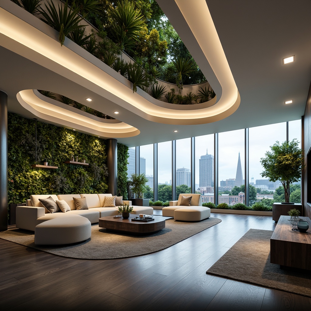 Prompt: Futuristic living space, curved lines, minimalist decor, sleek metal accents, LED lighting systems, holographic displays, virtual reality zones, open-plan layout, modular furniture, smart home automation, eco-friendly materials, green walls, self-sustaining ecosystems, floor-to-ceiling windows, panoramic city views, soft atmospheric lighting, shallow depth of field, 1/1 composition, realistic textures, ambient occlusion.