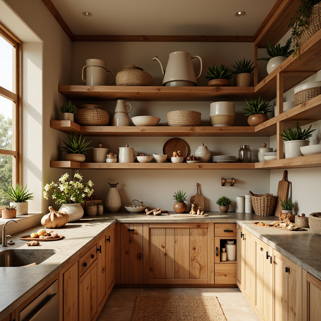 Prompt: Cozy pantry, warm beige walls, rich wood tones, soft golden lighting, rustic shelving units, ceramic storage jars, woven baskets, earthy terracotta pots, natural stone countertops, warm creamy whites, soothing sage greens, calming blues, inviting yellows, appetizing oranges, modern minimalist hardware, industrial metal accents, distressed finishes, shallow depth of field, 1/1 composition, realistic textures, ambient occlusion.