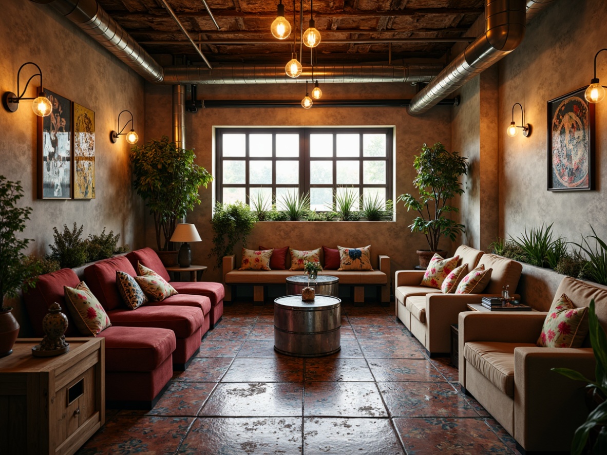 Prompt: Vintage industrial garage, eclectic furniture mix, distressed wood crates, metal drum tables, plush velvet sofas, reclaimed wooden benches, colorful Moroccan tiles, Edison bulb pendant lights, natural stone walls, exposed ductwork ceilings, urban loft atmosphere, warm cozy ambiance, soft golden lighting, shallow depth of field, 1/1 composition, realistic textures, ambient occlusion.