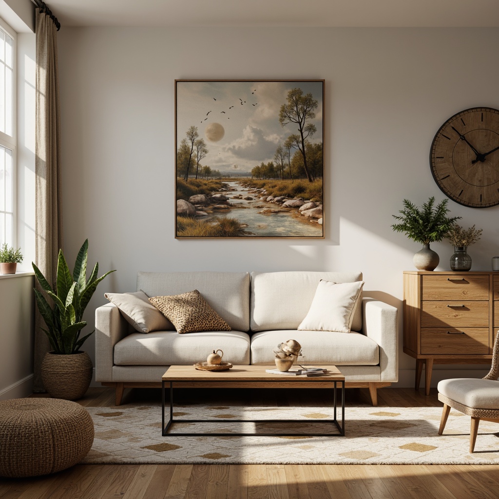 Prompt: Mid-century modern living room, minimalist decor, sleek low-profile sofa, wooden coffee table, industrial metal legs, geometric patterned rug, abstract artwork, natural textiles, earthy color palette, warm ambient lighting, 3/4 composition, shallow depth of field, softbox shadows, realistic reflections.