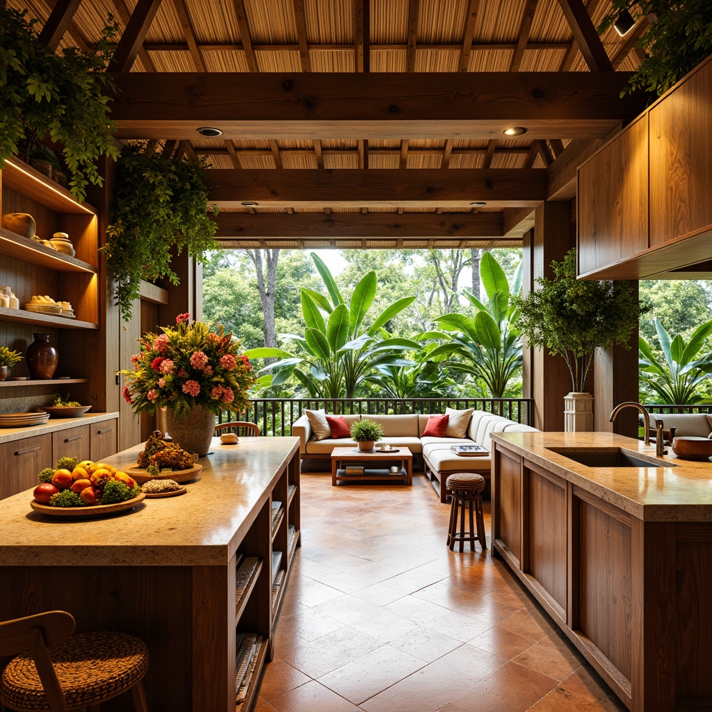 Prompt: Exotic island vibe, natural stone countertops, warm beige granite, rich wood tones, bamboo cabinetry, lush greenery, vibrant floral arrangements, tropical fruit displays, woven rattan furniture, earthy terracotta floors, soft golden lighting, shallow depth of field, 1/1 composition, realistic textures, ambient occlusion.