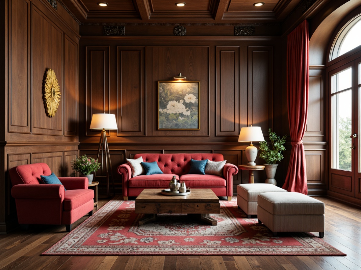 Prompt: Rich wood tones, ornate carvings, velvet upholstery, luxurious fabrics, antique furniture pieces, modern minimalist lines, sleek metal accents, geometric patterns, bold color contrasts, warm ambient lighting, 3/4 composition, shallow depth of field, soft focus, elegant leg details, tufted ottomans, rolled-arm sofas, decorative throw pillows, vintage accessories, rustic wooden floors, industrial-chic coffee tables.