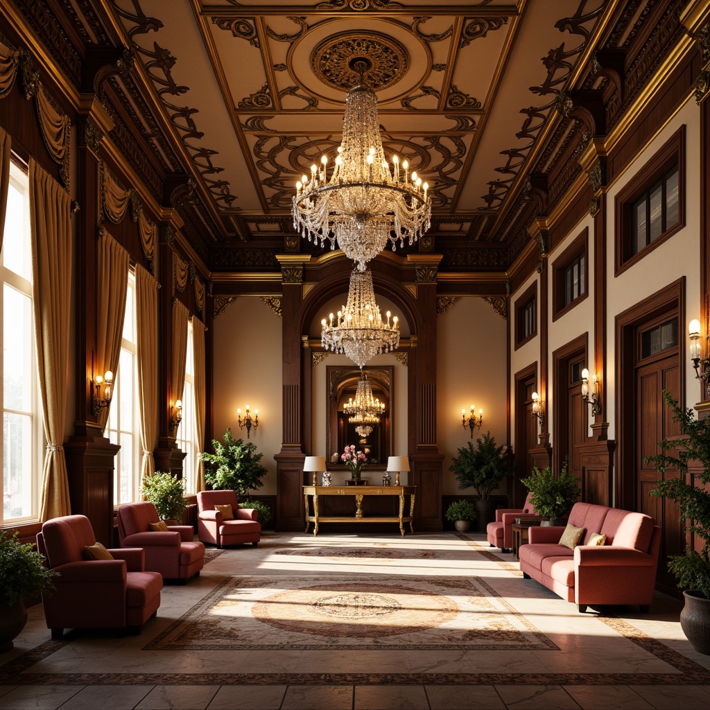 Prompt: Ornate ceiling designs, intricate moldings, vintage chandeliers, luxurious fabrics, rich wood tones, opulent furnishings, grand ballrooms, high ceilings, crystal drops, gilded details, subtle color palette, warm golden lighting, soft focus, shallow depth of field, 1/2 composition, symmetrical framing, realistic textures, ambient occlusion.