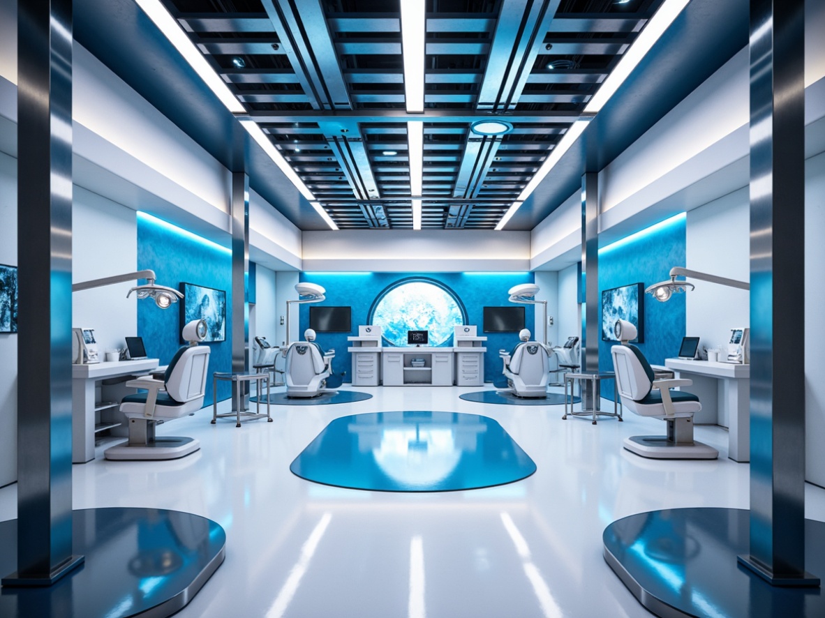 Prompt: Futuristic dental clinic, sleek metal beams, minimalist decor, LED light strips, neon accents, indirect ambient lighting, suspended ceiling fixtures, futuristic pendant lamps, circular examination rooms, high-tech medical equipment, sterile white surfaces, glossy floors, modern ergonomic furniture, vibrant blue and silver color scheme, soft diffused lighting, shallow depth of field, 1/2 composition, realistic metallic textures, ambient occlusion.