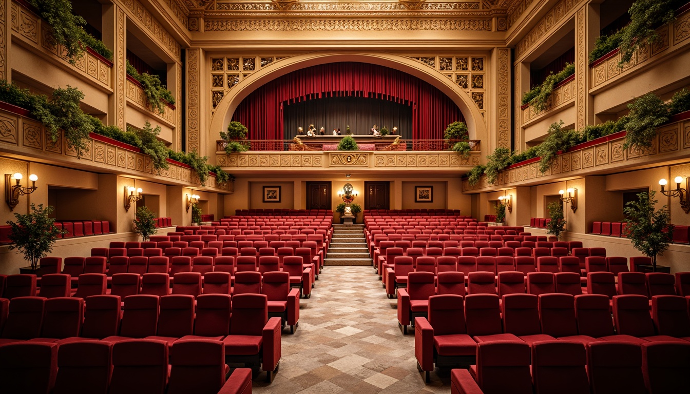 Prompt: Grand amphitheater, ornate Art Deco design, curved rows of seating, plush red velvet chairs, golden metal accents, intricate geometric patterns, symmetrical layout, grand staircase, luxurious drapery, ornate chandeliers, majestic archways, polished marble floors, lavish decorations, dramatic spotlights, soft warm glow, shallow depth of field, 3/4 composition, panoramic view, realistic textures, ambient occlusion.