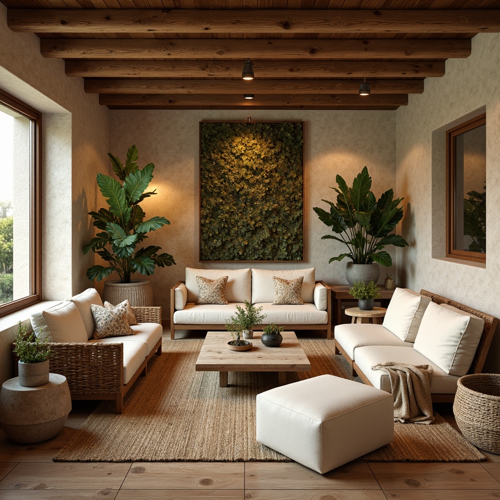 Prompt: Earth-toned living room, reclaimed wood flooring, natural stone walls, woven wicker furniture, jute rugs, potted plants, greenery installations, wooden ceiling beams, bamboo accents, organic textures, soft warm lighting, cozy atmosphere, nature-inspired color palette, minimalist decor, sustainable materials, eco-friendly furnishings, natural fabrics, rattan armchairs, botanical prints, earthy ceramics, wooden decorative panels.