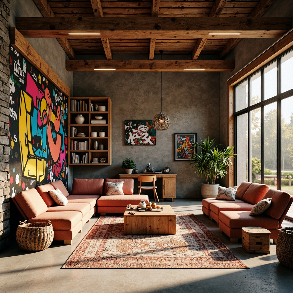 Prompt: Vibrant eclectic family garage, distressed wood accents, industrial metal beams, colorful graffiti murals, eclectic mix of vintage and modern furniture, innovative storage solutions, modular shelving units, sliding glass doors, polished concrete floors, LED lighting strips, rustic wooden crates, woven wicker baskets, bold patterned rugs, natural stone walls, urban chic decor, dynamic camera angles, 1/2 composition, warm golden lighting, shallow depth of field.