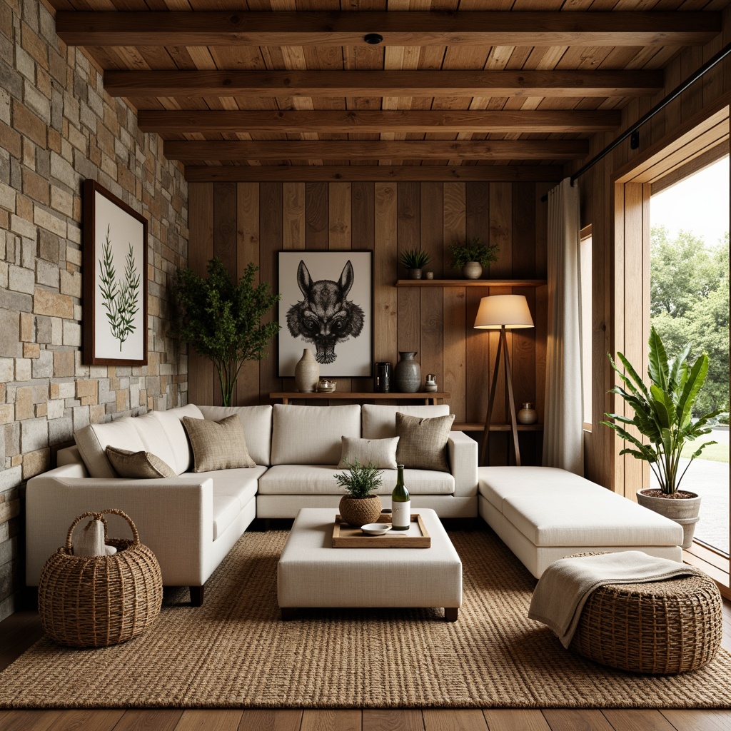 Prompt: Cozy living room, reclaimed wood accents, natural stone walls, woven jute rugs, plush linen sofas, earthy color palette, organic textures, botanical prints, rattan furniture, wicker baskets, potted plants, warm ambient lighting, soft shadows, 1/1 composition, intimate atmosphere, realistic wood grains, subtle gloss finishes.