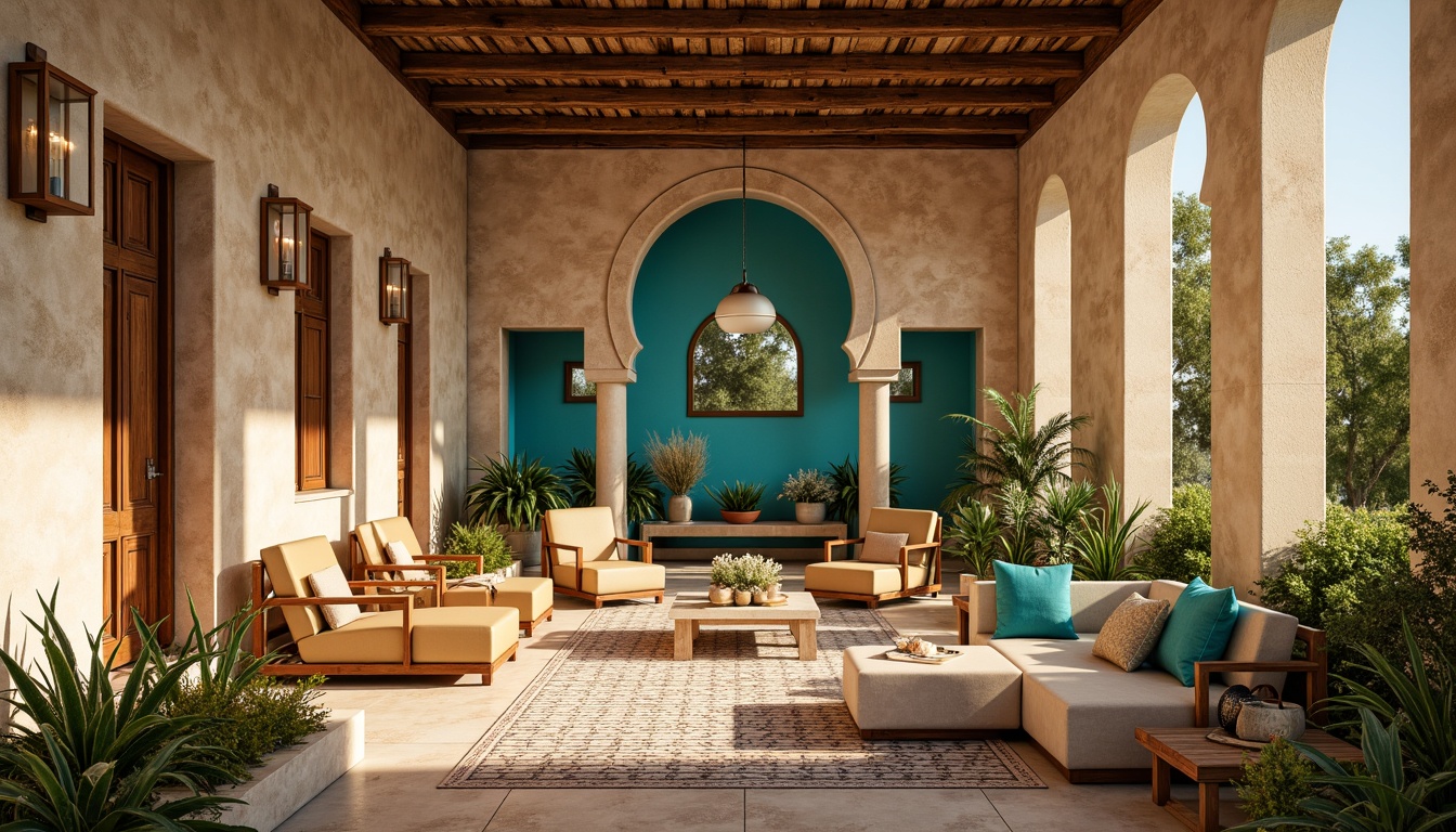 Prompt: Warm beige walls, rustic stone textures, turquoise accents, vibrant cerulean blues, sunny yellow highlights, earthy terracotta tones, lush greenery, ornate Moorish patterns, intricate geometric motifs, wooden beams, natural fabrics, soft warm lighting, shallow depth of field, 3/4 composition, panoramic view, realistic textures, ambient occlusion.