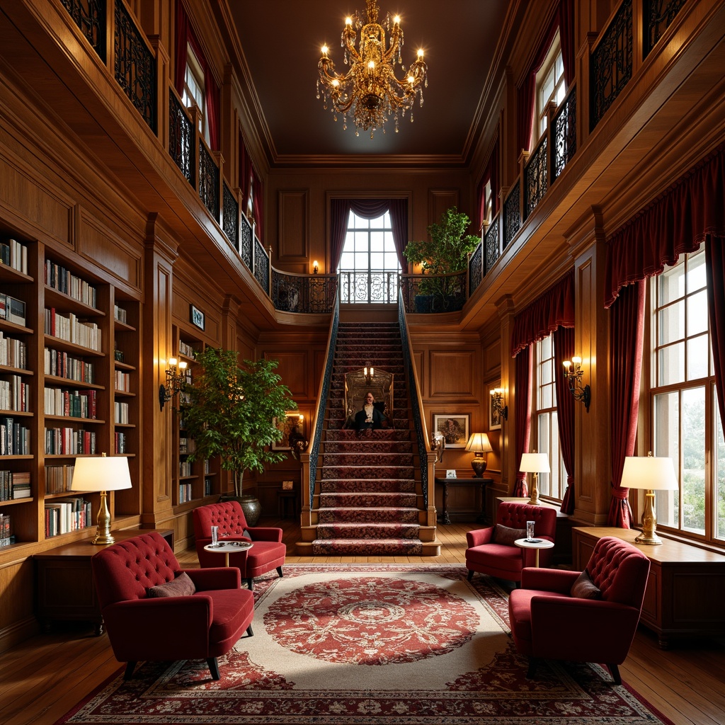 Prompt: Warm bookshelves, rich wood tones, ornate moldings, comfortable reading nooks, soft velvet armchairs, classic literature displays, elegant chandeliers, warm golden lighting, subtle spotlighting, dramatic floor lamps, majestic high ceilings, grand staircase, opulent rug patterns, lavish drapery, refined wall sconces, sophisticated book arrangements, serene atmosphere, quiet morning light, shallow depth of field, 1/2 composition, realistic textures, ambient occlusion.