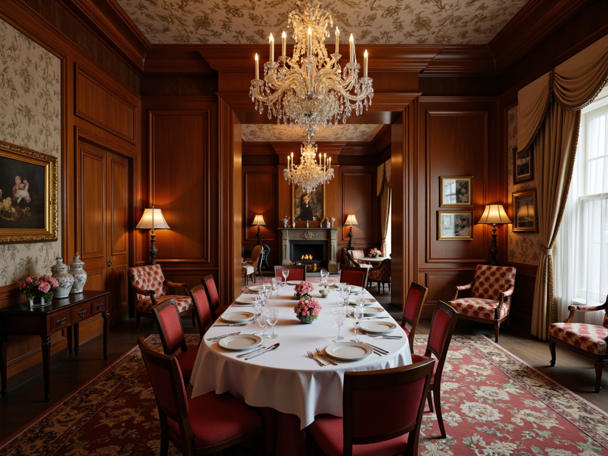 Prompt: Elegant traditional dining room, rich wood tones, ornate furnishings, luxurious fabrics, crystal chandeliers, formal table settings, fine china displays, statement wallpaper, subtle gold accents, refined moldings, carved wooden chairs, velvet drapes, warm candlelight, soft focus, shallow depth of field, 1/1 composition, realistic textures, ambient occlusion.