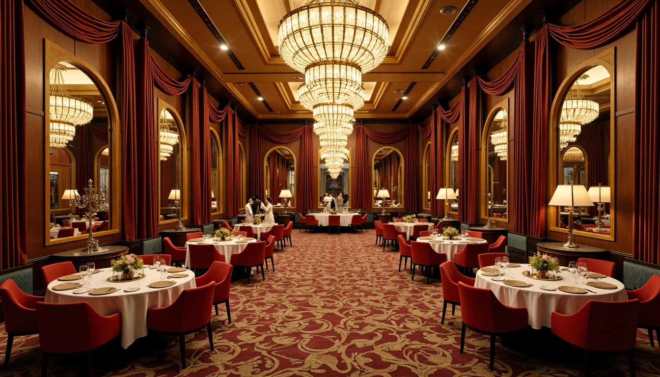 Prompt: Luxurious dining hall, opulent chandeliers, ornate mirrors, rich wood paneling, velvet drapes, geometric patterns, metallic accents, circular shapes, symmetrical compositions, bold color schemes, lavish textiles, curved lines, elegant proportions, sophisticated ambiance, warm golden lighting, dramatic shadows, 3/4 composition, low-angle shot, realistic reflections, ambient occlusion.