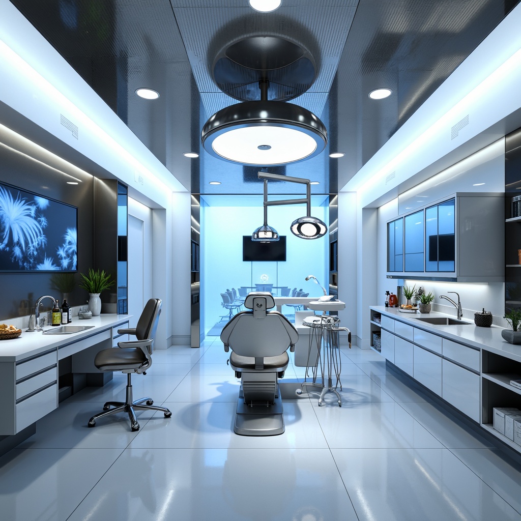 Prompt: Futuristic dental clinic interior, sleek metal lighting fixtures, minimalist ceiling lamps, circular pendant lights, LED strip lights, neon-colored accents, geometric-shaped sconces, mirror-finish stainless steel, high-gloss white walls, polished chrome details, modern dentist chairs, advanced medical equipment, futuristic ambiance, soft blue glow, ambient occlusion, shallow depth of field, 3/4 composition, panoramic view.