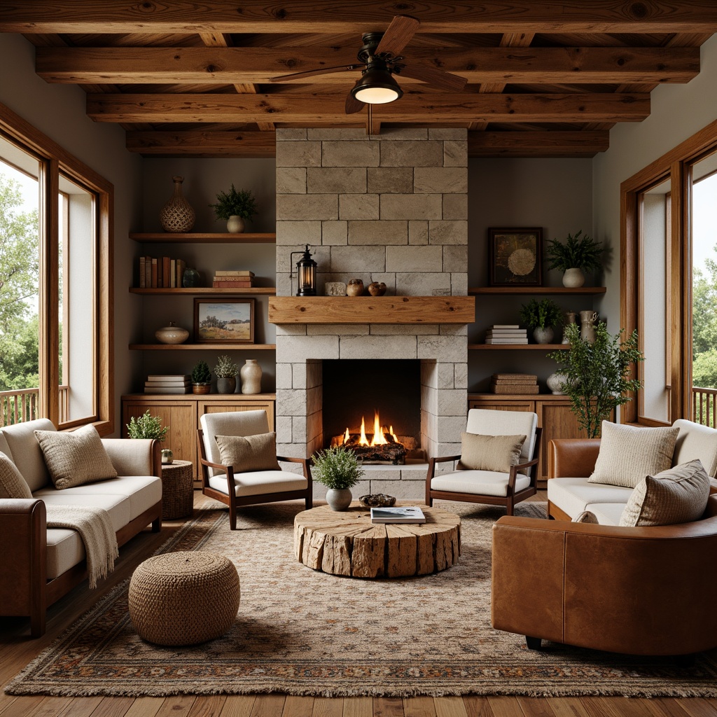 Prompt: Cozy living room, warm wooden accents, earthy color palette, natural textiles, vintage decorative items, handmade crafts, rustic wooden beams, stone fireplace, comfortable seating areas, soft warm lighting, pendant lanterns, bronze metal fixtures, seeded glass shades, woven wicker pendants, distressed wood finishes, rich leather upholstery, organic shapes, nature-inspired patterns, morning sunlight, shallow depth of field, 1/1 composition, realistic textures.