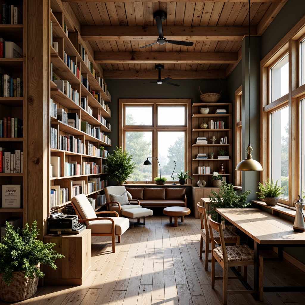 Prompt: Light-filled Scandinavian bookstore, wooden bookshelves, natural oak flooring, cozy reading nooks, plush armchairs, minimalist coffee tables, industrial metal lamps, vintage typewriters, woven basket storage, distressed leather sofas, reclaimed wood accents, earthy color palette, warm ambient lighting, shallow depth of field, 1/2 composition, realistic textures, ambient occlusion.