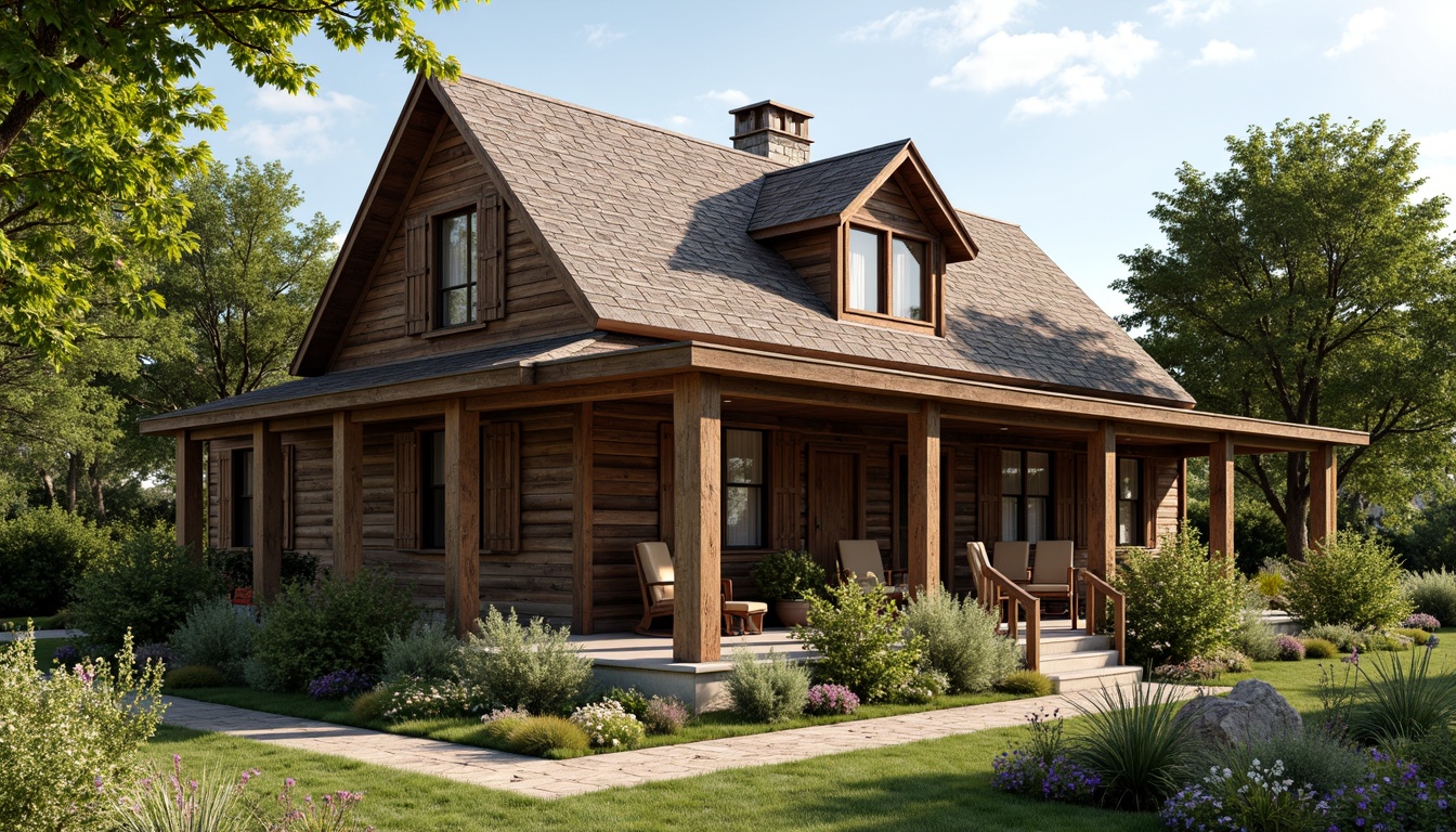 Prompt: Rustic farmhouse, wooden accents, vintage metalware, distressed finishes, natural stone foundations, pitched roofs, dormer windows, shutters, country-style porches, wooden rocking chairs, potted plants, wildflowers, rural landscape, sunny afternoon, warm soft lighting, shallow depth of field, 1/2 composition, realistic textures, ambient occlusion.