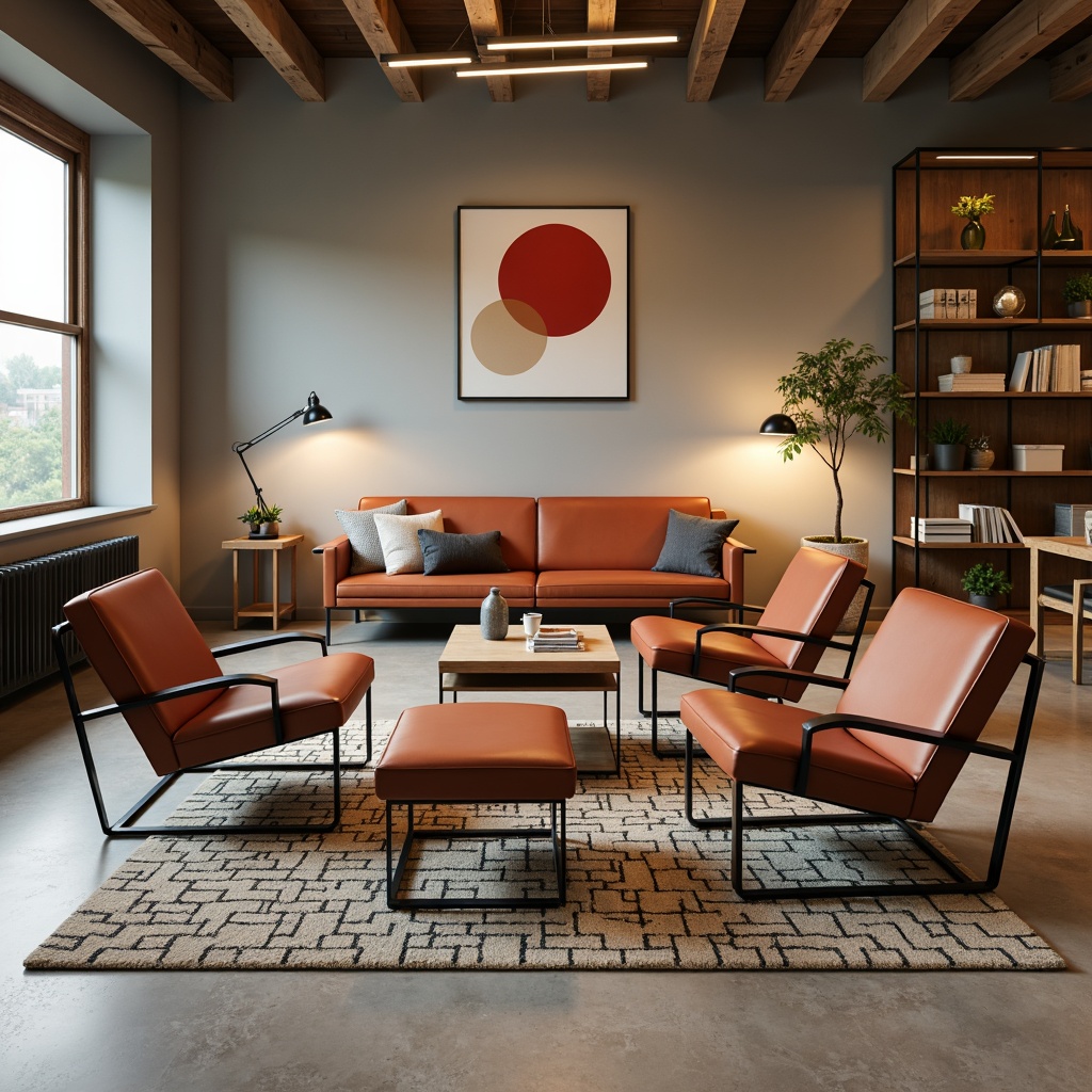 Prompt: Geometrically-shaped chairs, tubular steel frames, leather upholstery, minimalist coffee tables, functional shelving units, industrial-style lamps, bold primary colors, rectangular forms, clean lines, minimalist ornamentation, functional simplicity, modernist aesthetic, open floor plans, natural materials, wooden accents, sleek metal legs, adjustable armchairs, geometric-patterned rugs, abstract artwork, neutral background walls, soft warm lighting, shallow depth of field, 1/1 composition, realistic textures.