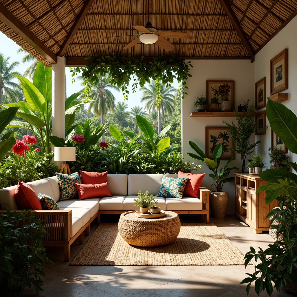 Prompt: Vibrant tropical living room, lush greenery, exotic plants, rattan furniture, natural fiber rugs, woven bamboo walls, warm wooden accents, colorful textiles, palm trees, flowering hibiscus, bright sunny day, soft diffused lighting, shallow depth of field, 1/2 composition, intimate atmosphere, cozy reading nook, potted plants on shelves, tropical patterned throw pillows, natural stone flooring, earthy tones, organic shapes, ambient occlusion.