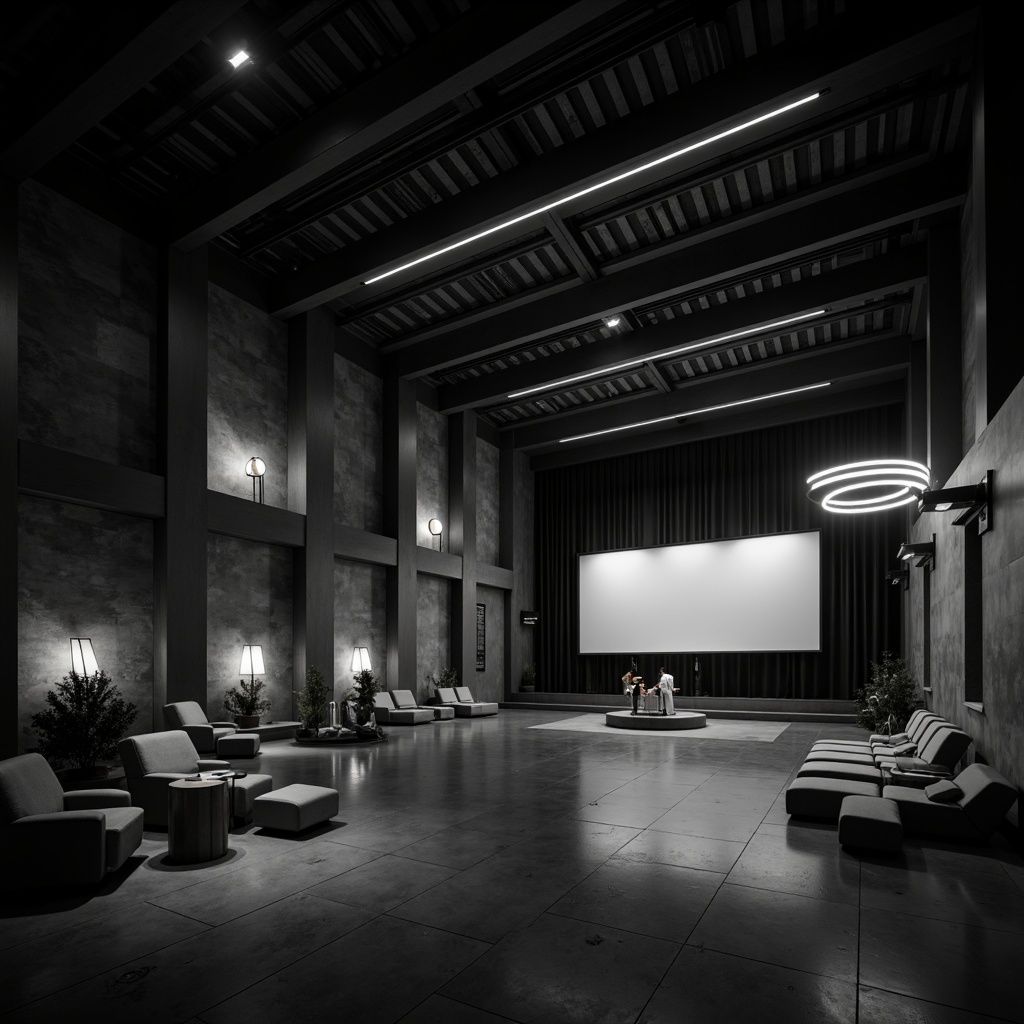 Prompt: Monochromatic cinema interior, sleek minimalist architecture, low-key lighting, subtle shadows, dark tones, industrial metal beams, polished concrete floors, sparse furniture, cinematic screens, avant-garde sculptures, futuristic chandeliers, LED strip lights, ambient glow, soft focus, shallow depth of field, 1/1 composition, realistic textures, high-contrast ratio, atmospheric mood, dramatic lighting effects.