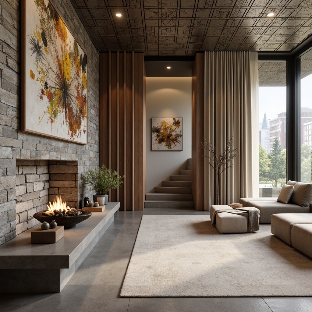 Prompt: Transitional style interior, neutral color palette, textured wall finishes, rustic stone accents, reclaimed wood paneling, geometric patterned wallpaper, metallic ceiling details, soft warm lighting, shallow depth of field, 3/4 composition, realistic textures, ambient occlusion.