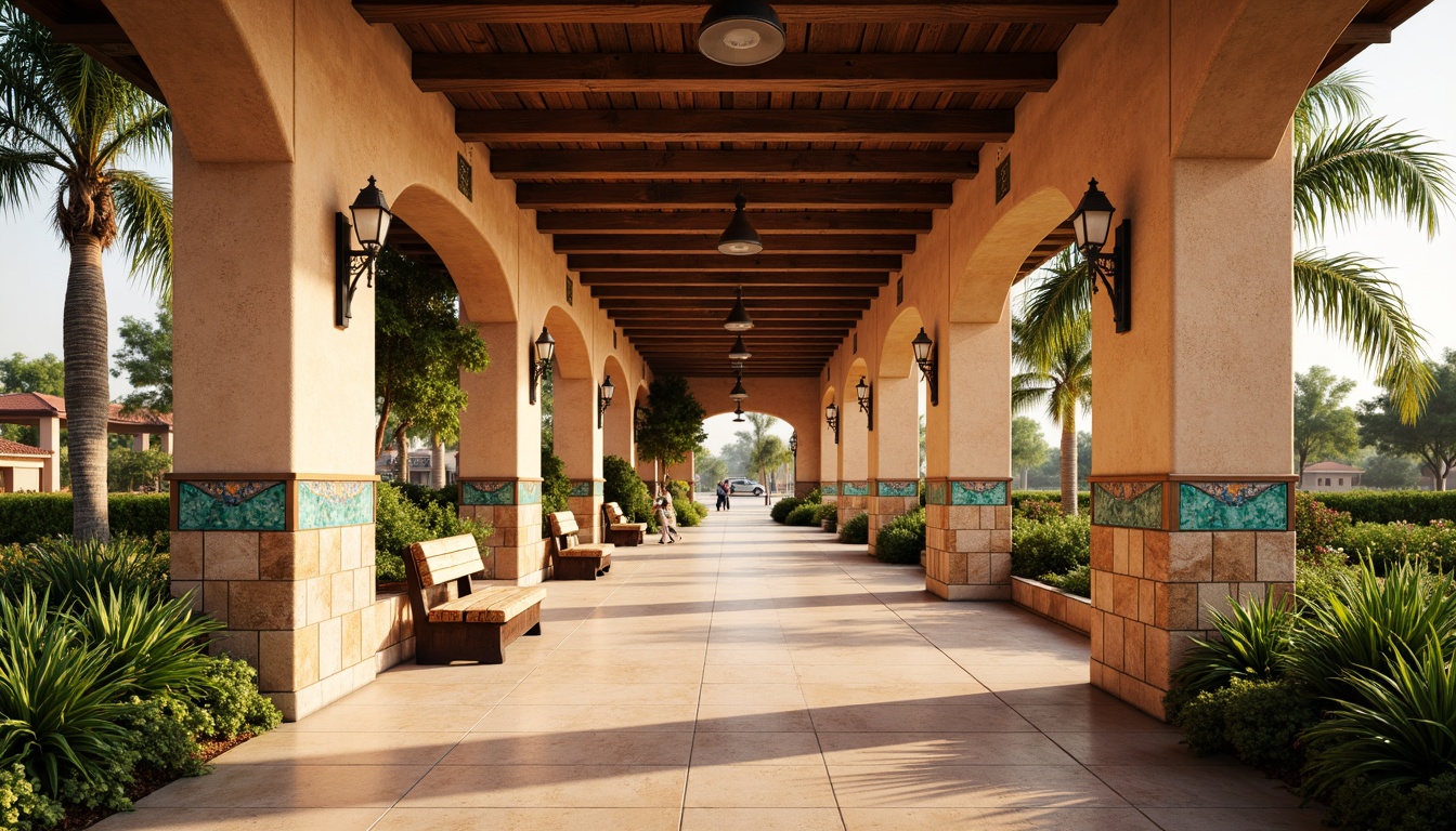 Prompt: Warm Mediterranean bus station, sun-kissed stucco walls, ceramic tile accents, natural stone flooring, wooden beam ceilings, ornate metalwork details, vibrant turquoise glass mosaics, lush greenery planters, rustic wooden benches, soft warm lighting, shallow depth of field, 1/1 composition, realistic textures, ambient occlusion.