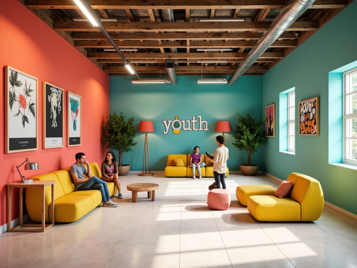 Prompt: Vibrant youth center, energetic atmosphere, bold color scheme, bright coral walls, turquoise accents, sunny yellow furniture, creamy white floors, modern minimalist decor, natural wood textures, industrial metal beams, urban graffiti art, playful typography, dynamic lighting, shallow depth of field, 2/3 composition, realistic renderings, ambient occlusion.