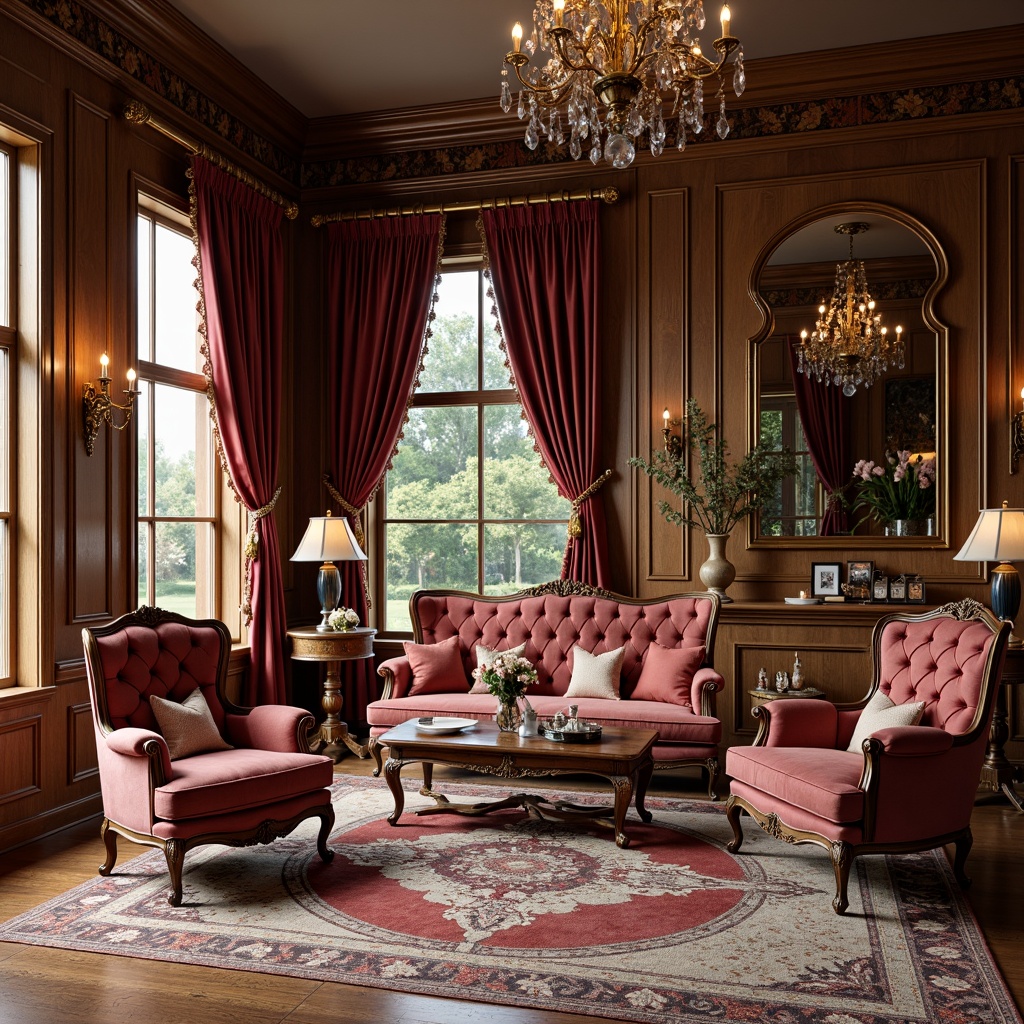 Prompt: Ornate wooden furniture, velvet upholstery, rich mahogany tones, intricately carved legs, curved silhouettes, luxurious fabrics, tassel accents, golden hardware, plush cushions, button-tufted sofas, rolled-arm chairs, cabriole legs, ornamental mirrors, crystal chandeliers, heavily draped windows, soft warm lighting, traditional English countryside, 18th-century inspiration, opulent textures, highly detailed patterns.