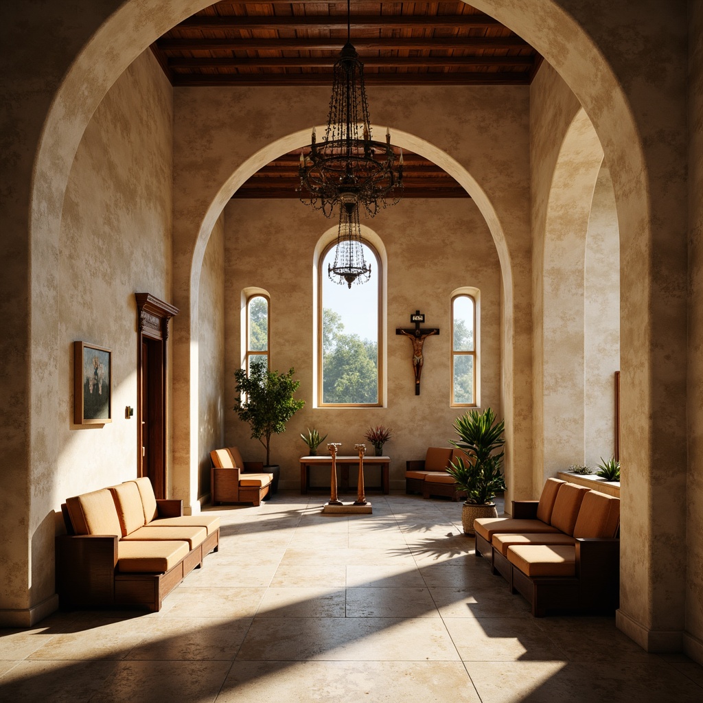 Prompt: Serene monastery interior, soft natural lighting, warm beige stone walls, wooden accents, elegant archways, vaulted ceilings, grand chandeliers, ornate crucifixes, peaceful atmosphere, subtle shadows, gentle warm color palette, rich wood tones, comfortable seating areas, cozy nooks, rustic wooden furniture, distressed finishes, spiritual ambiance, soft focus, shallow depth of field, 1/1 composition, atmospheric lighting.