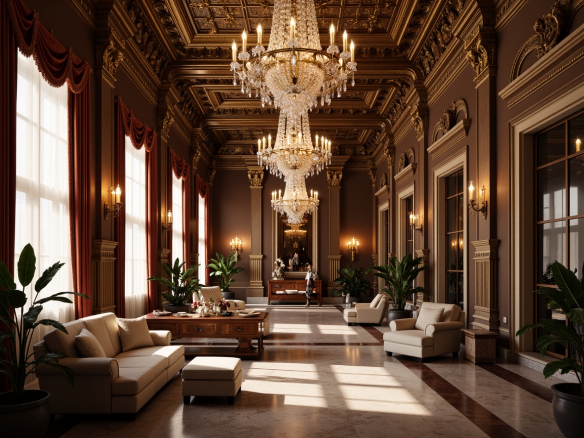 Prompt: Luxurious interior space, ornate moldings, intricate carvings, classical architecture style, grand chandeliers, crystal drops, lavish furnishings, velvet drapes, gold leaf accents, marble floors, rich wood tones, soft warm lighting, shallow depth of field, 1/2 composition, realistic textures, ambient occlusion.