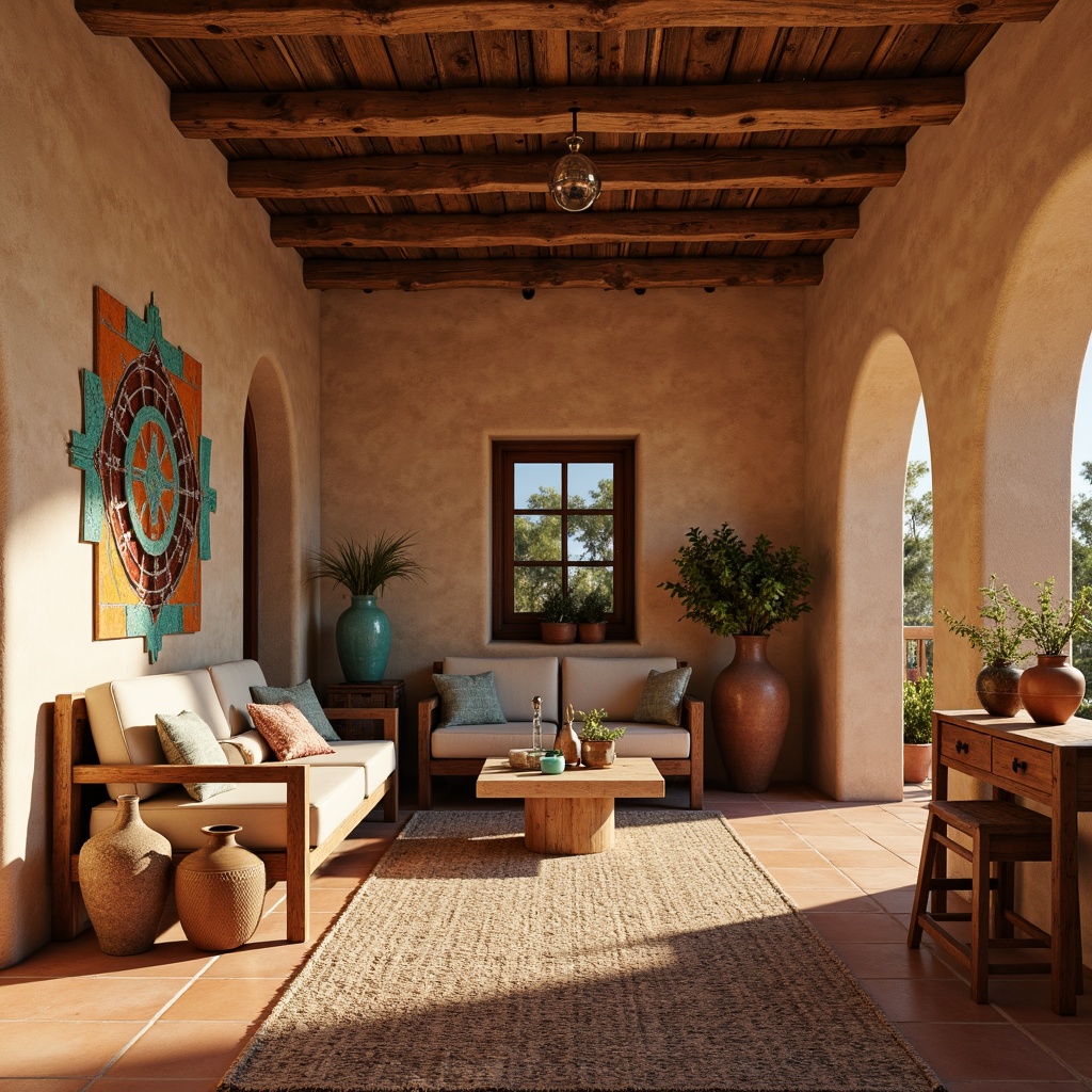 Prompt: Earth-toned adobe walls, rustic wooden beams, vibrant turquoise accents, traditional Native American patterns, woven textiles, natural fiber rugs, clay pottery vases, reclaimed wood furniture, ornate metalwork fixtures, earthy terracotta flooring, stucco ceilings, arched doorways, warm golden lighting, soft diffused shadows, 1/1 composition, intimate scale, realistic textures, ambient occlusion.Please let me know if this meets your expectations!