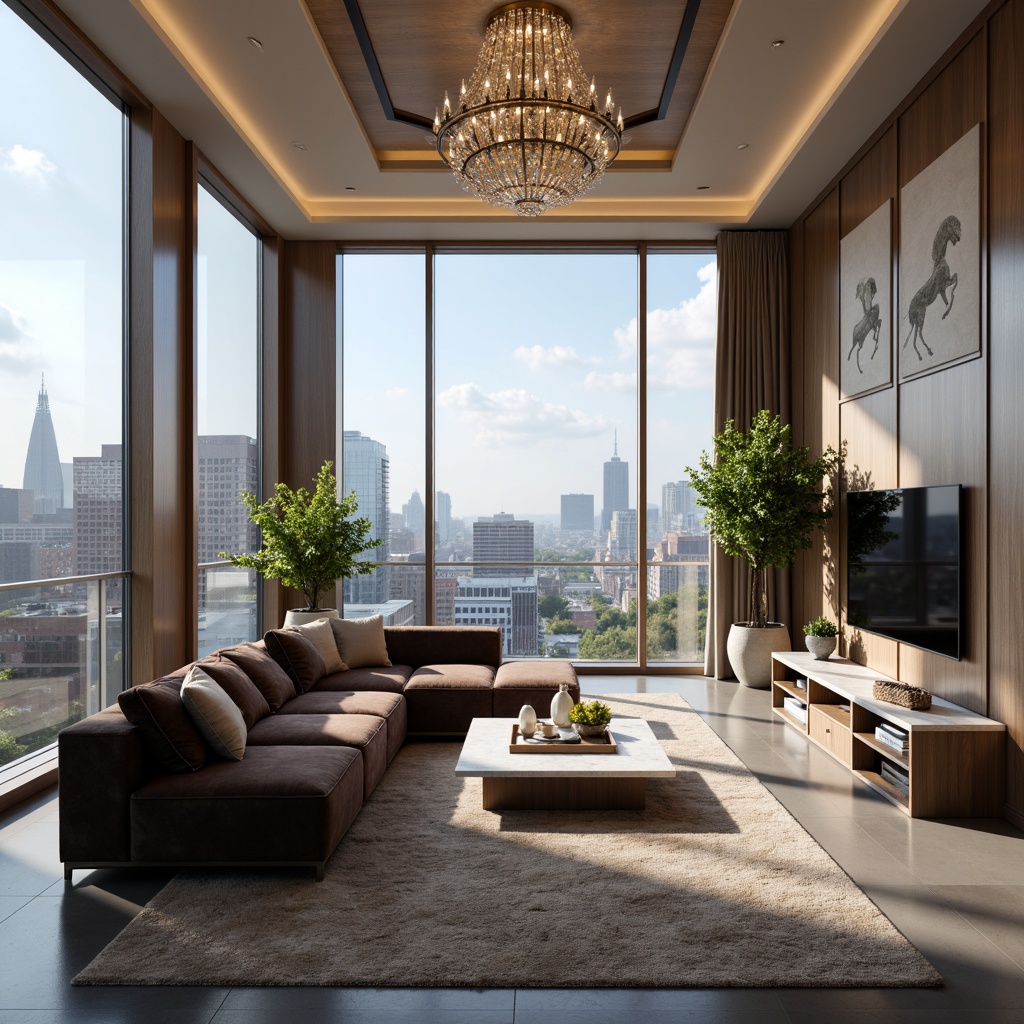 Prompt: Luxurious living room, velvet sofa, marble coffee table, ornate chandelier, floor-to-ceiling windows, cityscape views, minimalist decor, neutral color palette, plush area rug, modern artwork, sleek TV console, ambient lighting, 1/1 composition, shallow depth of field, softbox lighting.