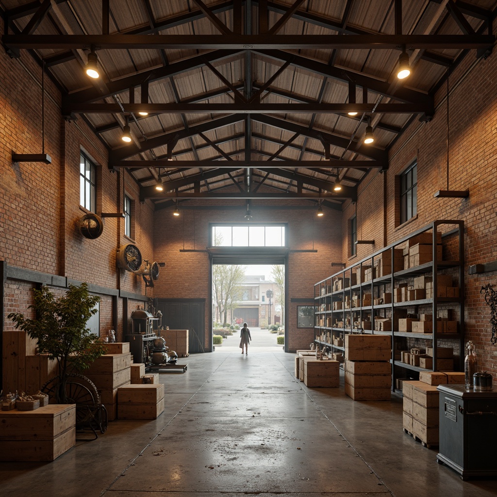 Prompt: Rustic distribution center, exposed brick walls, metal beams, reclaimed wood accents, industrial lighting fixtures, pendant lamps, Edison bulbs, concrete floors, steel shelving units, wooden crates, vintage machinery, earthy color palette, natural textures, warm ambient lighting, soft shadows, 1/1 composition, realistic reflections, atmospheric fog.