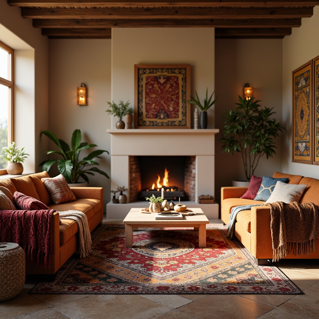 Prompt: Cozy living room, plush area rug, soft velvet sofa, warm beige walls, rustic wooden coffee table, vibrant colorful throw pillows, intricate geometric patterns, Moroccan-inspired tapestries, chunky knit blankets, crackling fireplace, golden lighting fixtures, natural stone flooring, earthy tone colors, ambient warmth, shallow depth of field, 3/4 composition, realistic textures.