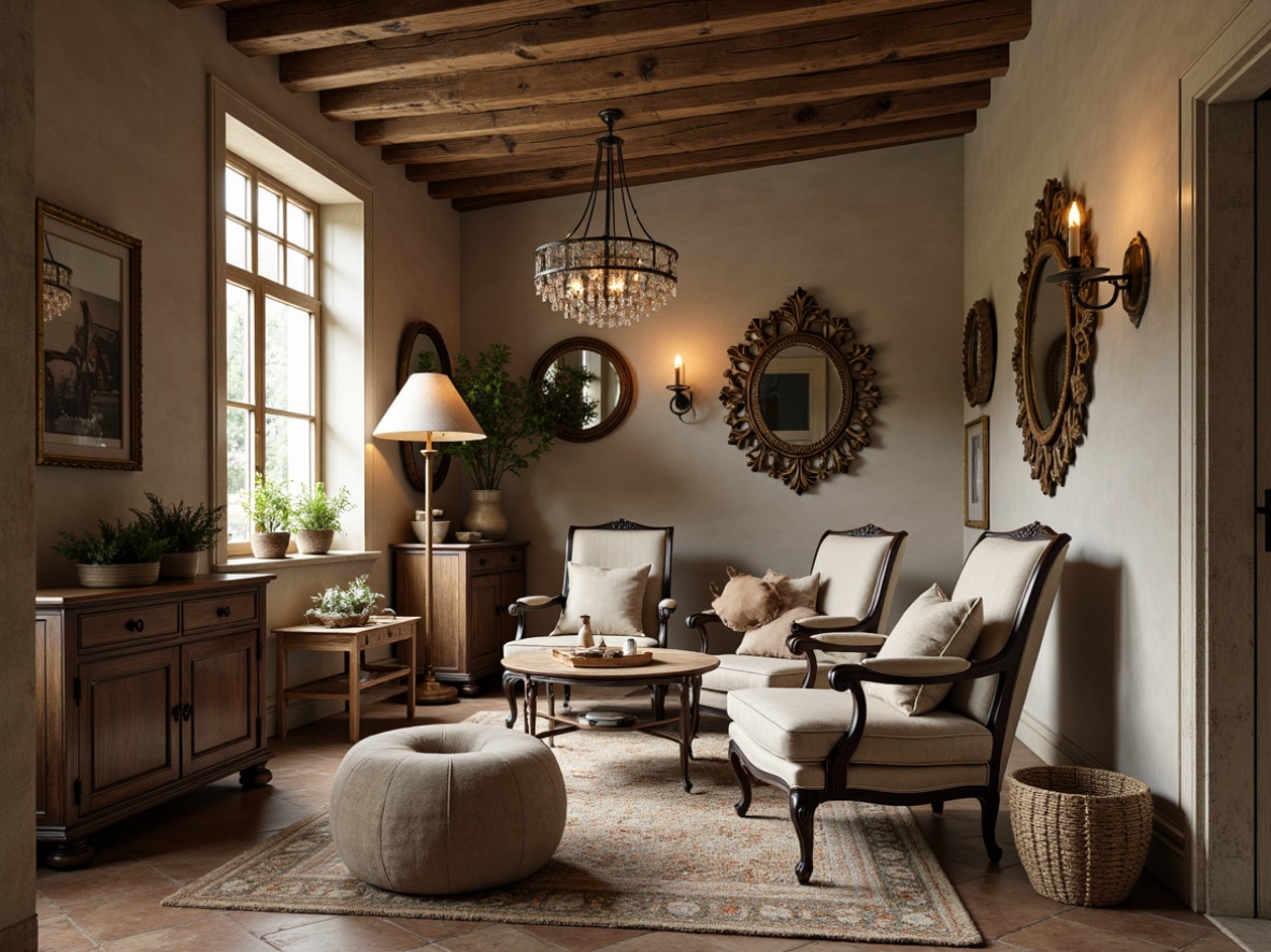 Prompt: Rustic wooden furniture, distressed finishes, soft linen upholstery, vintage accents, carved wooden legs, ornate metalwork, elegant curves, plush velvet fabrics, natural stone floors, warm earthy tones, cozy cottage atmosphere, classic Louis XVI chairs, woven rattan baskets, antique decorative items, ornate mirrors, crystal chandeliers, lace trimmings, soft candlelight, 1/2 composition, shallow depth of field, realistic textures, ambient occlusion.