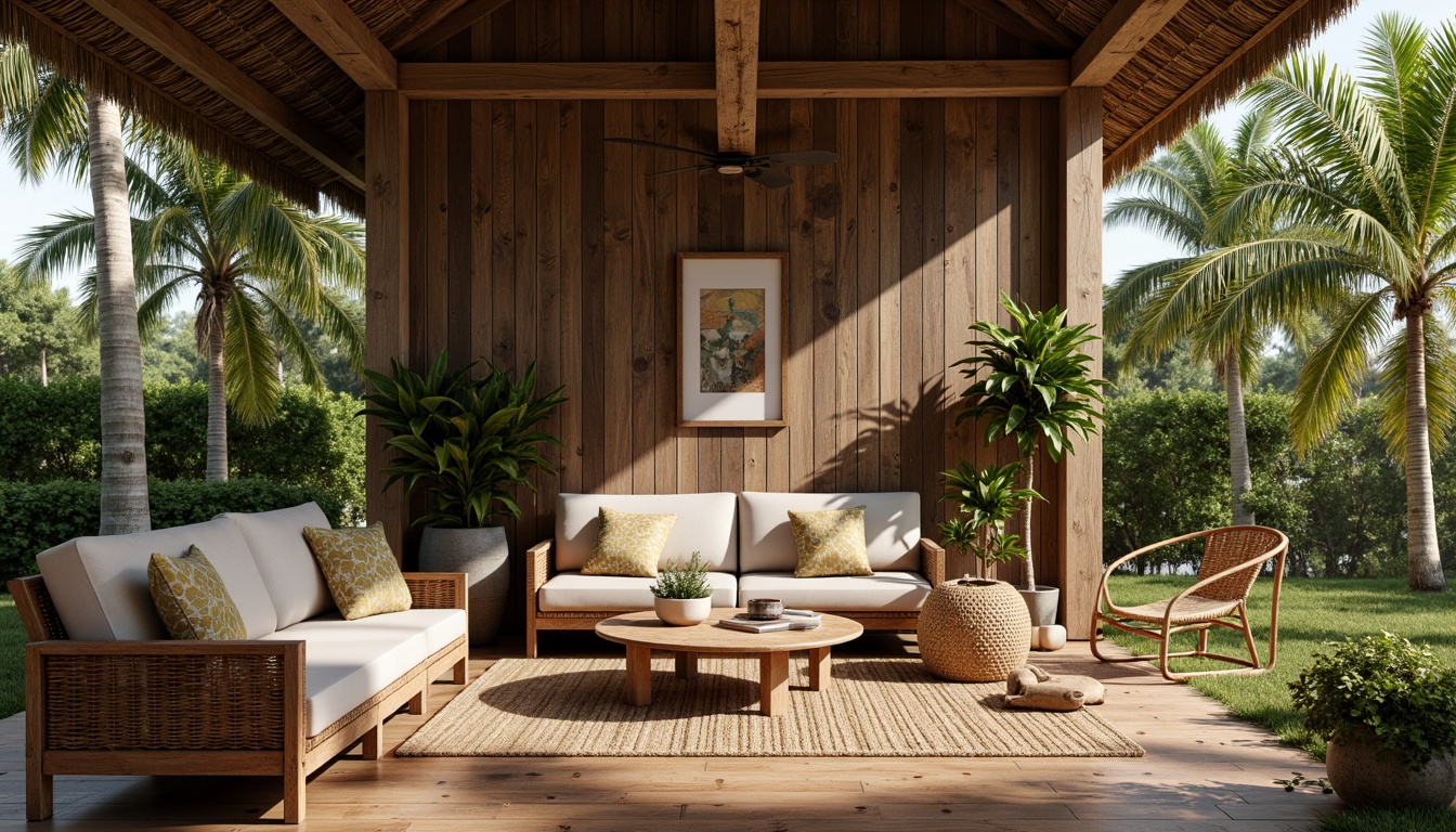 Prompt: Rustic farmhouse, tropical vibes, natural materials, reclaimed wood accents, bamboo flooring, woven rattan furniture, jute rugs, earthy color palette, lush greenery, palm trees, exotic flowers, vintage metal decor, distressed finishes, organic textures, warm ambient lighting, soft focus, 1/1 composition, cozy atmosphere, intimate setting.