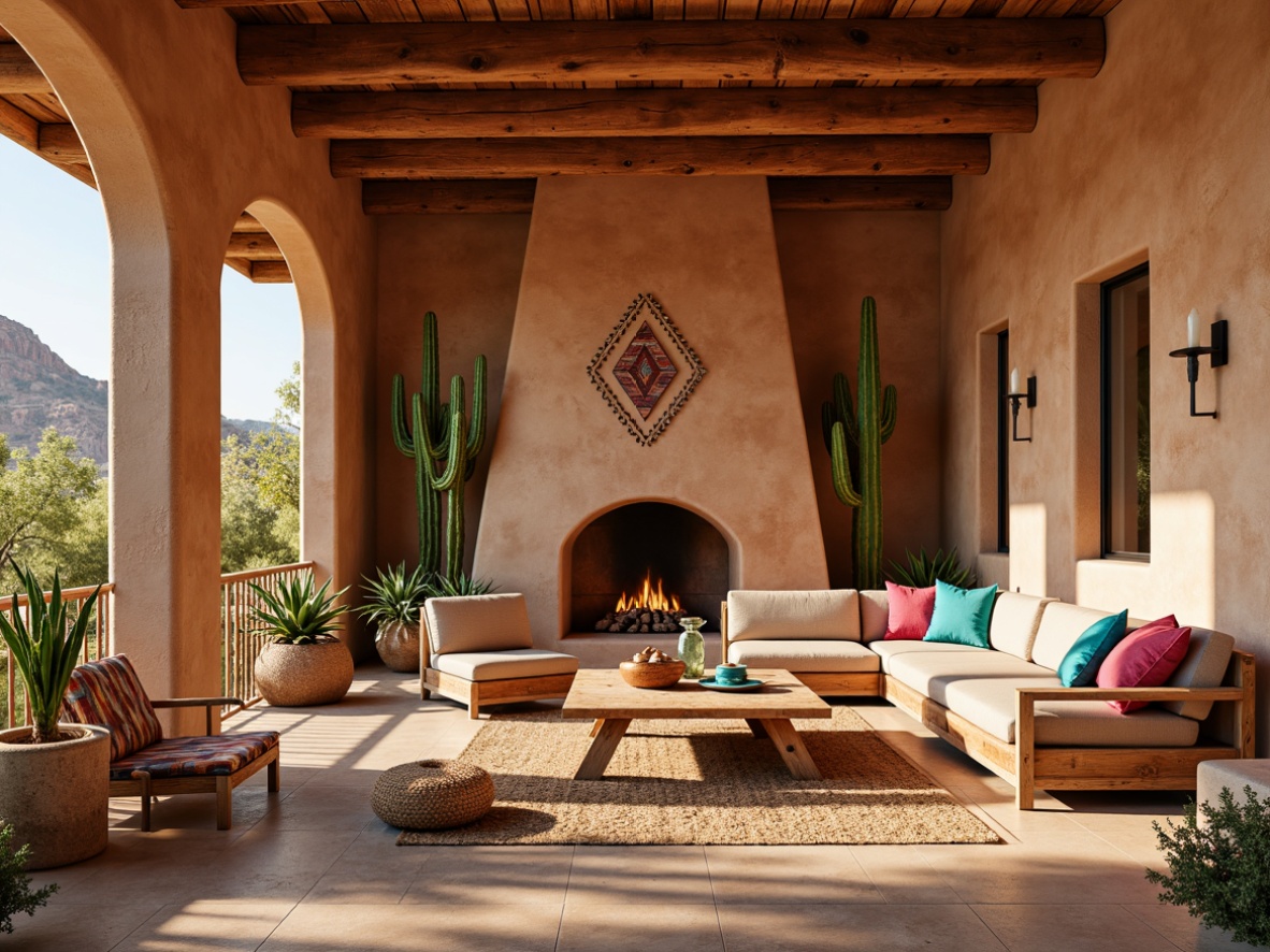 Prompt: Adobe earth tones, warm terracotta walls, turquoise accents, sandy beige floors, rustic wooden furniture, woven textiles, vibrant Native American patterns, natural stone fireplaces, desert botanicals, cacti, succulents, warm golden lighting, shallow depth of field, 1/1 composition, realistic textures, ambient occlusion.