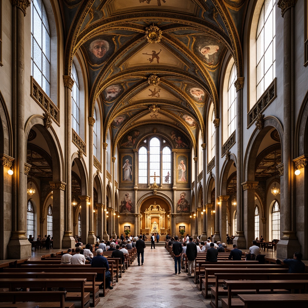 Prompt: Vaulted ceilings, ornate gold details, intricate frescoes, grand cathedral spaces, stained glass windows, symmetrical compositions, Renaissance-inspired carvings, limestone walls, marble floors, solemn ambiance, soft warm lighting, dramatic shadows, Baroque-style ornamentation, grandiose scale, heavenly atmosphere, realistic textures, ambient occlusion.