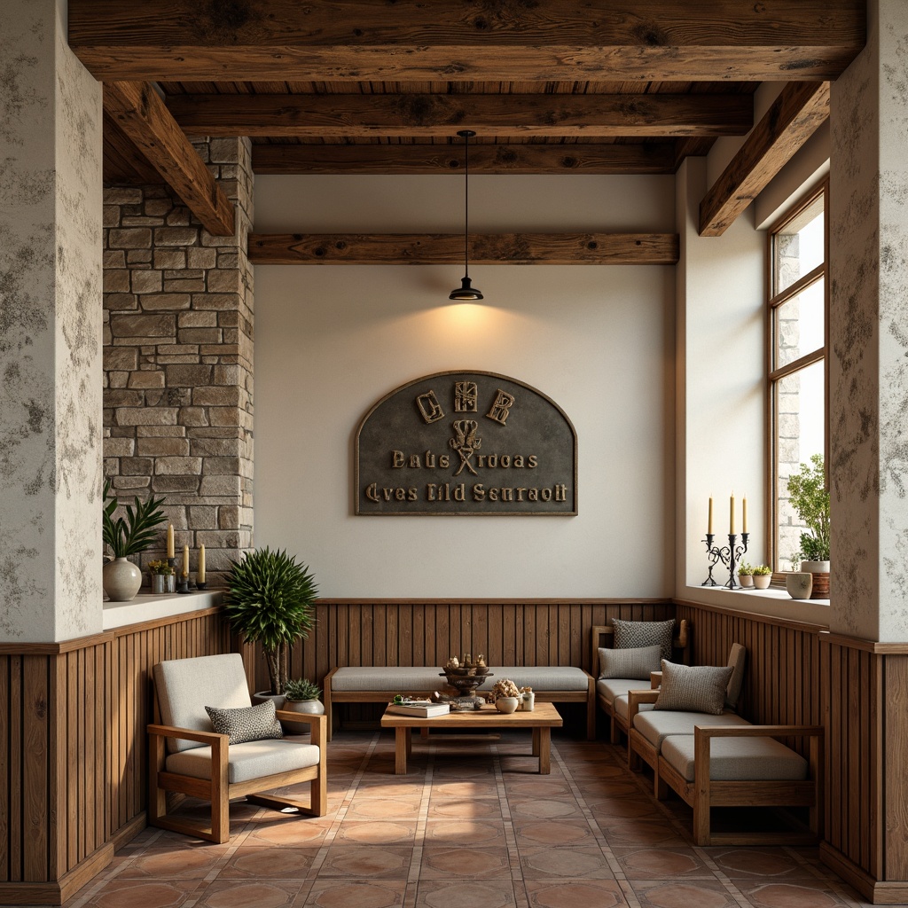 Prompt: Rustic stone walls, distressed wood paneling, soft cream plaster, ornate wainscoting, vintage metal signage, earthy terracotta tiles, rough-hewn wooden beams, natural linen fabrics, antique furniture pieces, warm candle lighting, shallow depth of field, 1/1 composition, realistic textures, ambient occlusion.