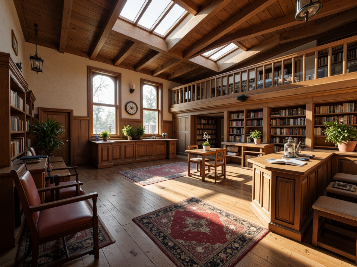 Prompt: Rustic courthouse, wooden accents, natural stone walls, clerestory windows, skylights, warm beige tones, earthy color palette, rich wood furnishings, leather-bound tomes, classic law books, vintage courtroom fixtures, ornate metalwork, distressed wood flooring, plush area rugs, soft diffused lighting, warm golden hour, shallow depth of field, 1/2 composition, realistic textures, ambient occlusion.