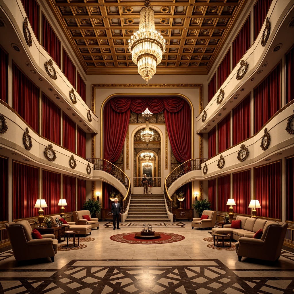 Prompt: Grandiose amphitheater, ornate Art Deco details, polished marble floors, intricate geometric patterns, luxurious velvet curtains, gilded accents, lavish chandeliers, sweeping staircases, opulent furnishings, rich jewel-toned colors, dramatic spotlights, warm golden lighting, 1/1 composition, symmetrical arrangement, realistic reflections, ambient occlusion.