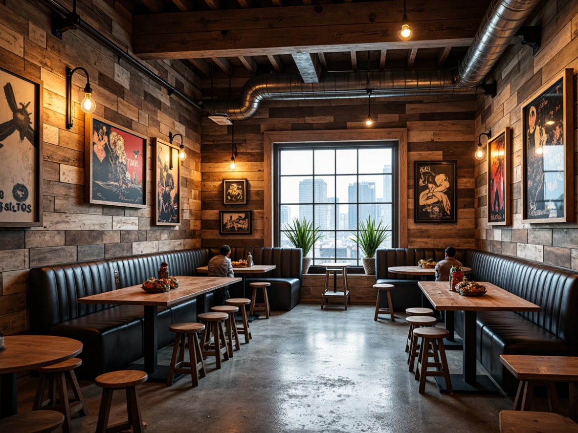 Prompt: Reclaimed wood accent walls, distressed finishes, eclectic art pieces, vintage car memorabilia, industrial metal decorations, concrete floors, exposed ductwork, Edison bulb lighting, rustic wooden beams, bold color schemes, abstract graffiti, urban cityscape views, gritty textures, dynamic shadows, high-contrast lighting, 1/1 composition, cinematic mood.