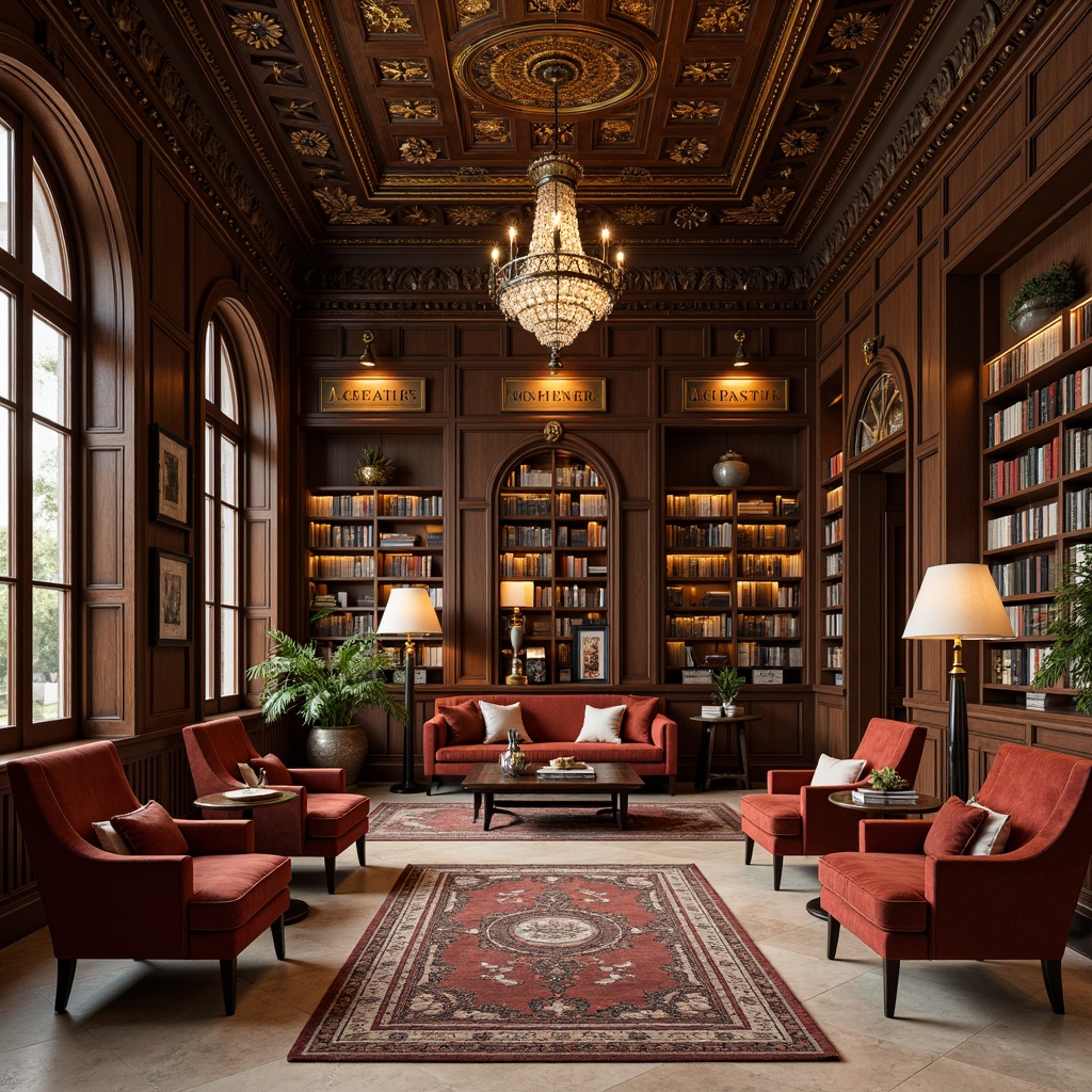 Prompt: Richly ornamented bookshelves, luxurious dark wood tones, intricately carved wooden paneling, ornate gold accents, plush velvet armchairs, warm beige stone flooring, grand crystal chandeliers, soft warm lighting, cozy reading nooks, vintage leather-bound books, elegant typography signage, classic literature displays, refined bronze hardware, sophisticated crown molding, opulent drapery, lavish area rugs, serene atmosphere, shallow depth of field, 1/2 composition, realistic textures, ambient occlusion.