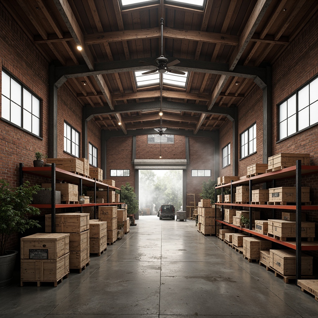 Prompt: Rustic industrial distribution center, exposed brick walls, metal beams, reclaimed wood accents, vintage factory windows, distressed concrete floors, modern industrial lighting fixtures, steel shelving units, crate storage containers, wooden pallets, earthy color palette, warm ambient lighting, softbox diffused light, 1/2 composition, shallow depth of field, realistic textures, atmospheric fog effect.