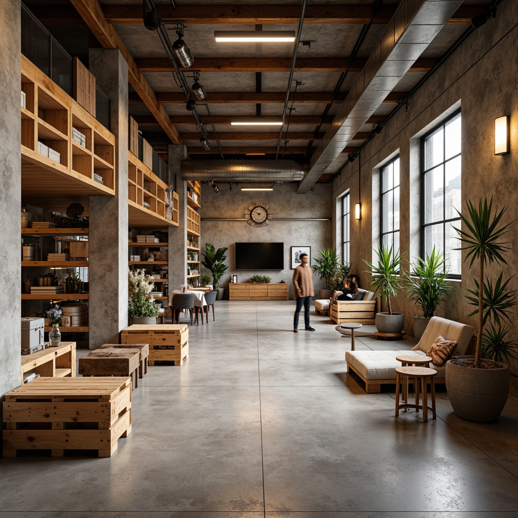 Prompt: Industrial distribution center interior, rustic wooden accents, reclaimed wood crates, polished concrete floors, exposed metal beams, modern industrial lighting, minimalist decor, functional shelving units, wooden pallets, earthy color palette, natural textiles, cozy breakout areas, warm ambient lighting, shallow depth of field, 1/1 composition, realistic textures, subtle camera movements.