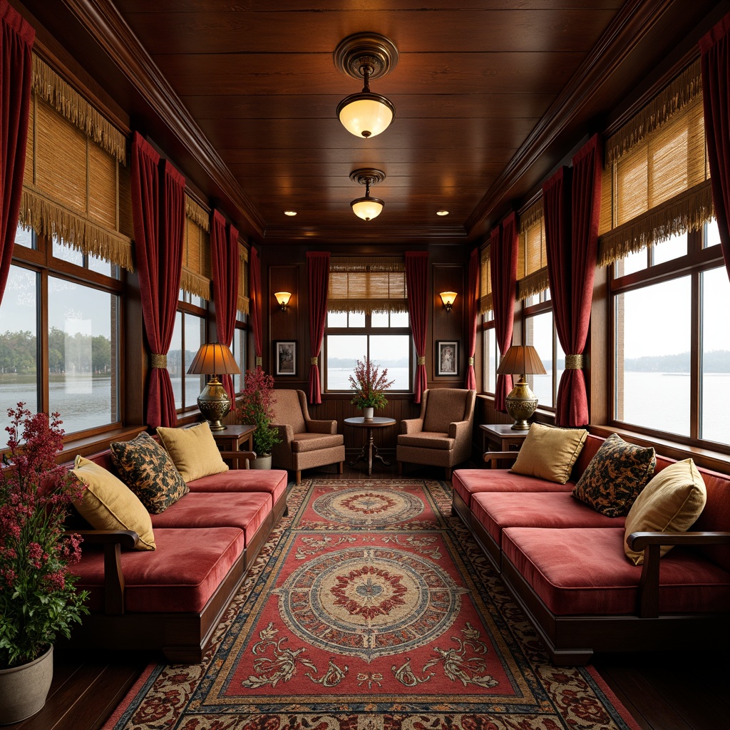 Prompt: Elegant boathouse, Victorian-era inspired interior, ornate wooden paneling, rich velvet drapes, golden tassel trim, intricately carved wooden shutters, stained glass windows, soft warm lighting, cozy reading nooks, plush area rugs, vintage nautical decor, distressed wood accents, maritime-themed accessories, warm earthy color palette, rustic metal lanterns, ornate ceiling fixtures, luxurious fabrics, lavish furnishings, tranquil water views, serene natural surroundings, overcast day, soft focus, shallow depth of field, 1/1 composition.