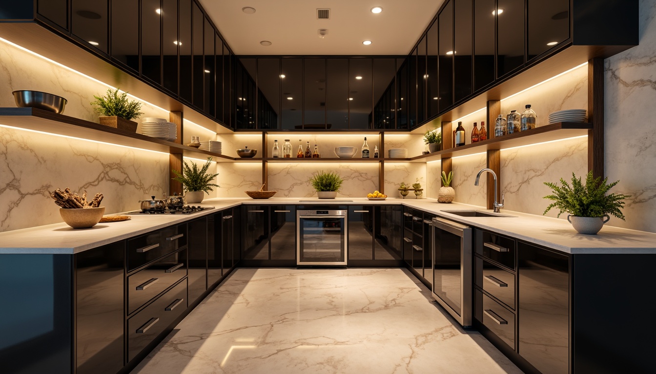 Prompt: Modern pantry, sleek cabinetry, high-gloss finishes, LED strip lighting, under-cabinet illumination, pendant lights, glass shelves, polished chrome hardware, marble countertops, neutral color palette, ambient warm glow, soft box lighting, 3-point lighting composition, shallow depth of field, realistic reflections, warm white tones.