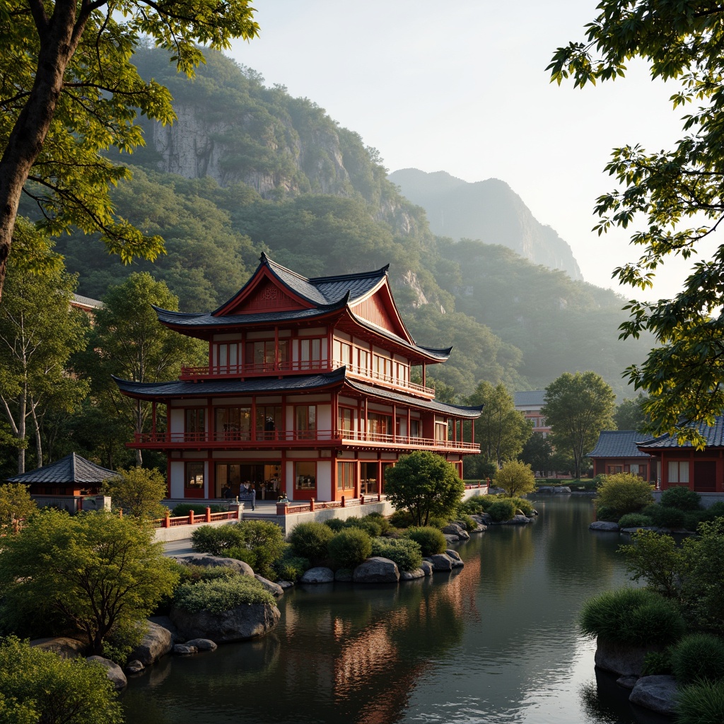 Prompt: Traditional Asian-style church, ornate carvings, vibrant red accents, golden hues, serene natural surroundings, lush greenery, tranquil water features, peaceful bamboo forests, misty mountains, warm soft lighting, shallow depth of field, 3/4 composition, panoramic view, realistic textures, ambient occlusion.