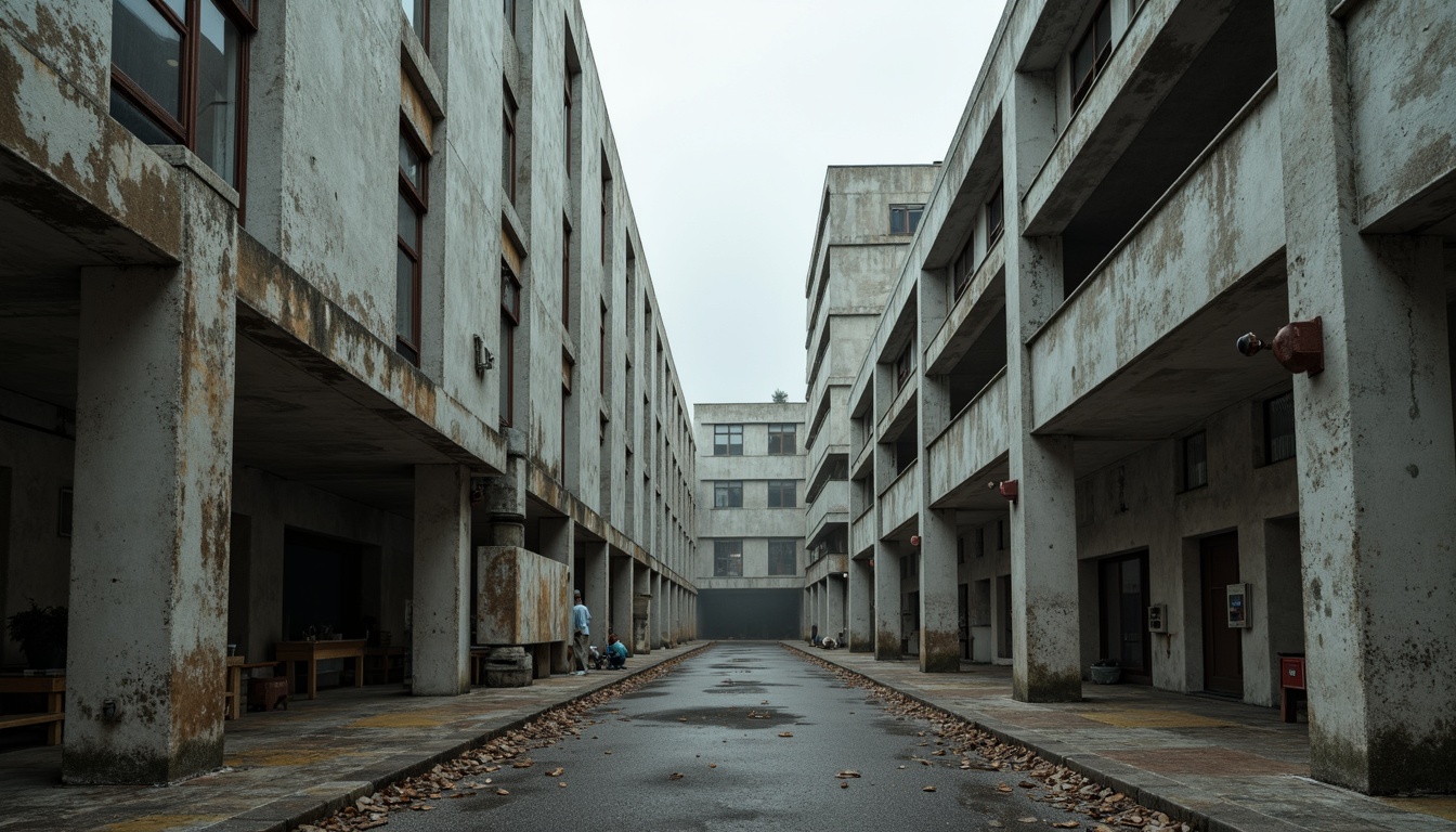 Prompt: Monolithic concrete structures, rugged brutalist architecture, cold industrial atmosphere, bleak urban landscape, overcast sky, muted earth tones, weathered stone walls, rusted metal accents, exposed ductwork, raw concrete textures, distressed finishes, bold geometric forms, stark lighting, high contrast shadows, 1/1 composition, dramatic focal points, atmospheric fog, cinematic mood.